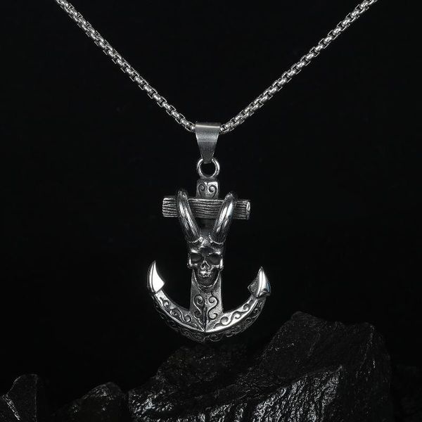 

pendant necklaces style european and american vintage goat skull navy anchor metal punk necklace men's charm casual jewelry, Silver