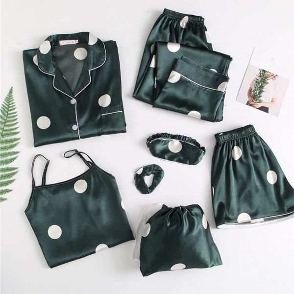 

7 pieces women's pajamas sets printed emulation silk satin pyjama female sleepwear set summer autumn homewear suit w1225 m9wr, Black;red