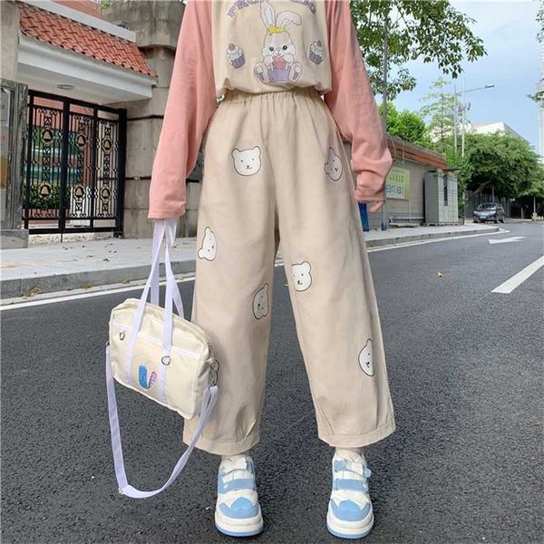 Japonês Kawaii Macio Menina Bonito Urso Impressão Mulheres Calças Base Sellow Cintura Loose Calça Solta Cintura Elástica Estudante Casual Pant 211112