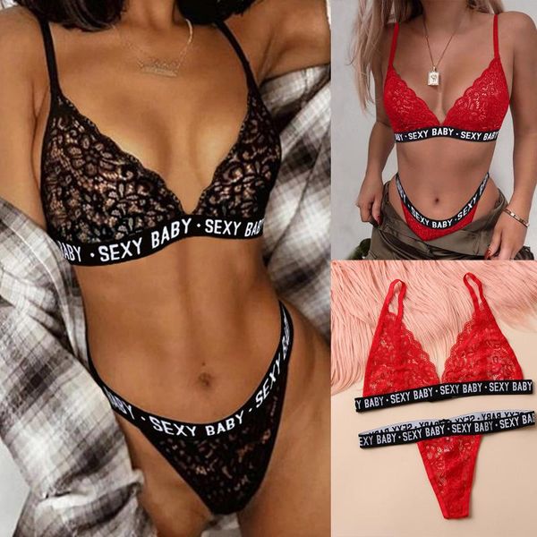 

bras sets underwear set brassiere women letter lingerie lace embroidery push up bra panties deep v bodysuit, Red;black