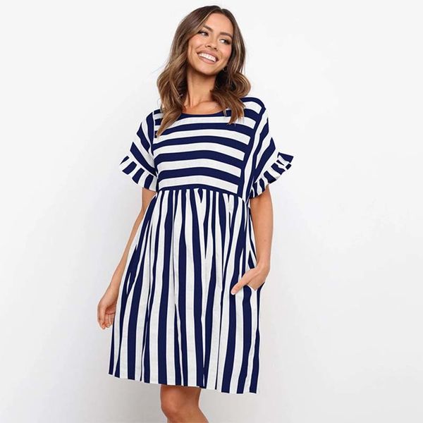 

women striped patchwork ruffles short sleeve dress knee-length pocket casual loose dress female plus size sundress 210423, Black;gray
