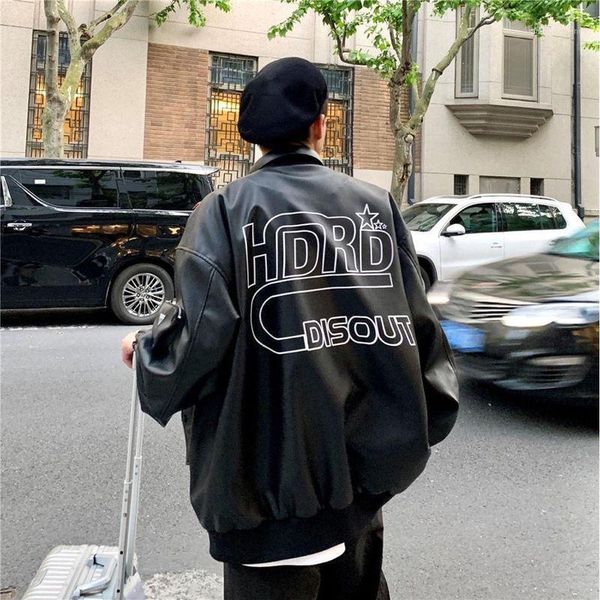 

men's jackets printed motorcycle jacket leather autumn retro hong kong style high street fashion loose all-match clothing trend, Black;brown