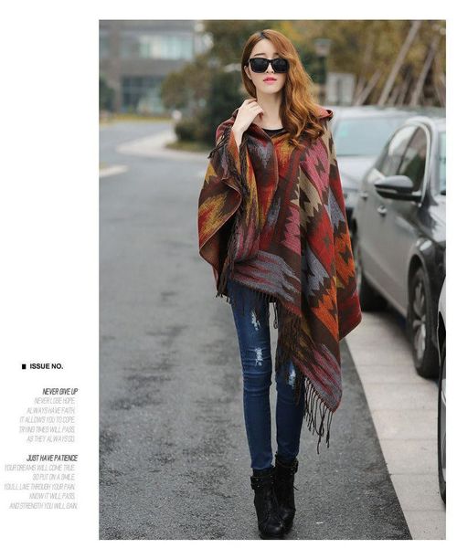 

scarves fashion women bohemia hooded coat cape poncho shawl scarf tribal fringe hoodie femme retro mujer elegant drop, Blue;gray