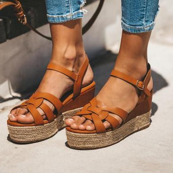 

summer wedges sandals shoes for women leather high heels 2021 chaussures femme platform plus size 43, Black