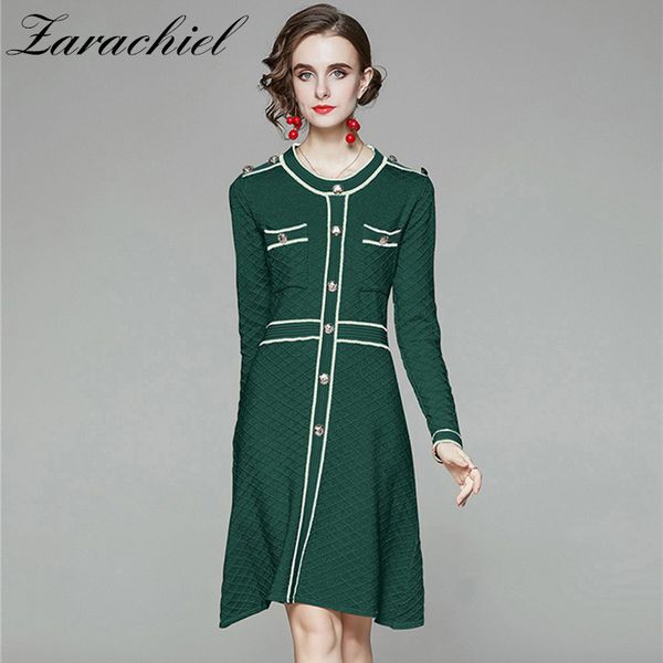 

dresses autumn winter runway o-neck long sleeve golden button pocket knitted women fashion bright shinny pullover sweater, Black;gray