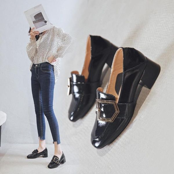 

dress shoes spring 2021 [leather] bottom square buckle medium heel shallow mouth loafers 11811akx2879, Black