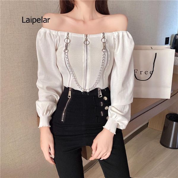 

women's t-shirt korean chic autumn white halter slash neck woman tshirts knitted slim wild short temperament fashion retro