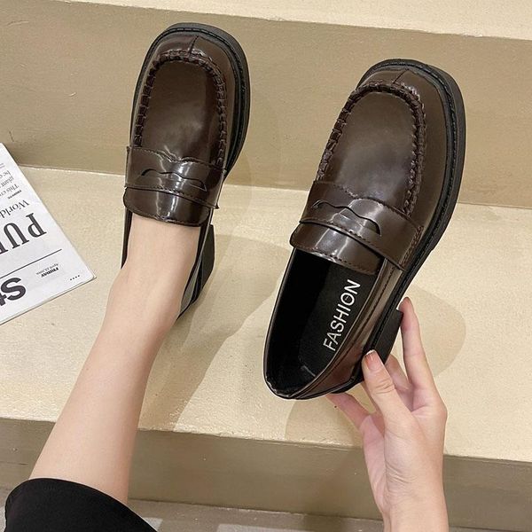 

dress shoes platform leather women chunky thick sole round toe black brown pu shallow pure british style retro slip-on leisure loafers
