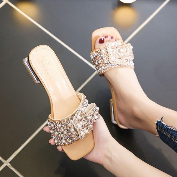 

ladies sandals and slippers bow women rhinestone pearl women's shoes low heel summer, Black