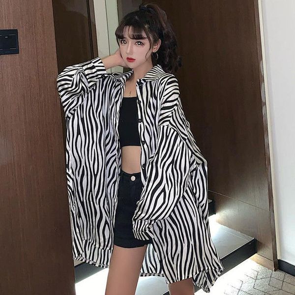 

women's t-shirt zoulv 2021 oversize long sleeve turn-down collar single breasted spring casual blouse zebra striped printed women shir, White