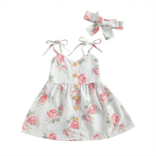 

summer kid girls outfits girl dresses cute self tie spaghetti straps button floral print dress headband clothes, Red;yellow