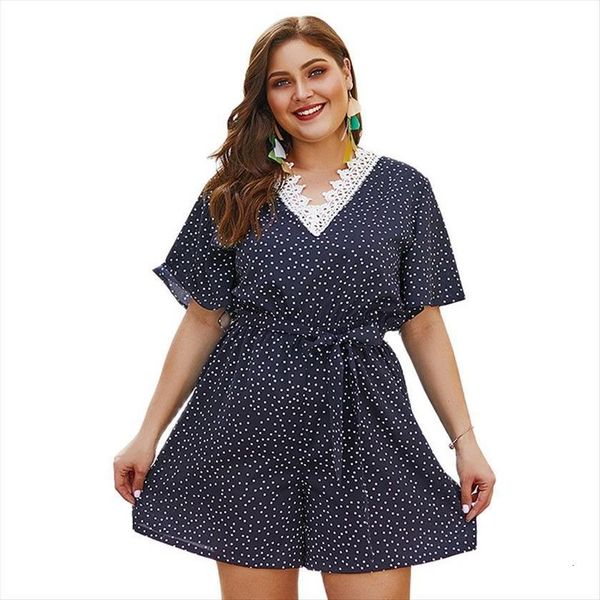 

summer plus size playsuits dot women romper lace up playsuit large 4xl jumpsuits female v neck holiday beachwear outfit overalls, Black;white
