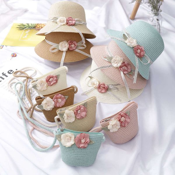 

summer children's sun shading straw hat korean lovely girl's bag set, Yellow