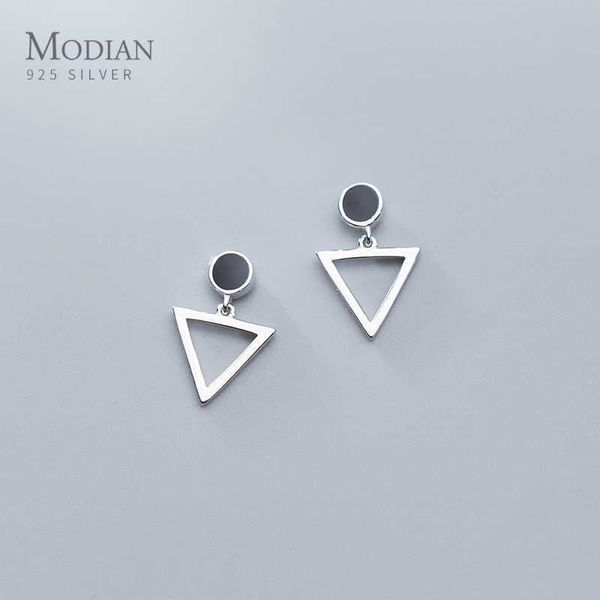 Triangolo geometrico Ciondola l'orecchino per le donne 925 Sterling Silver Simple Black Round Drop Fine Jewelry Girl Gift 210707