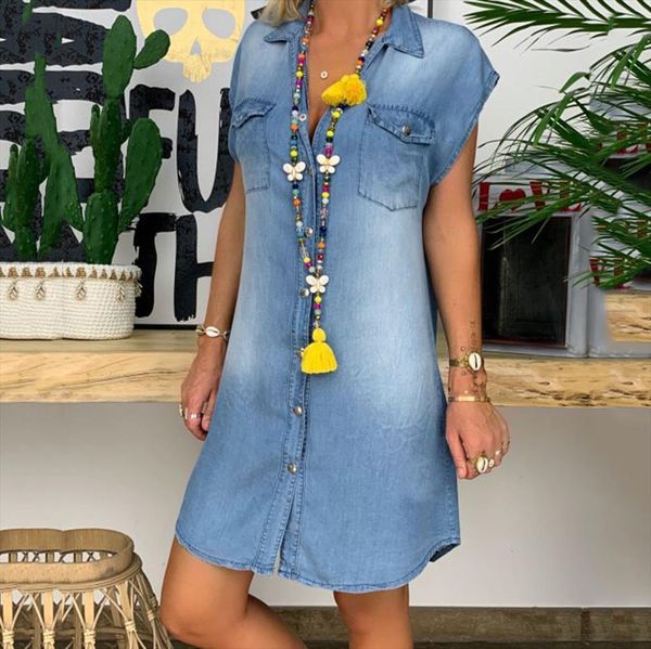 

summer short sleeve womens dresses solid denim sundress turn down collar mini party ol lady, Black;gray