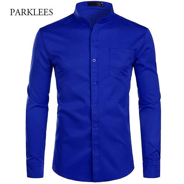 

mens shirt casual slim fit stand collar with pocket long sleeve solid color dress s wedding social 210809, White;black