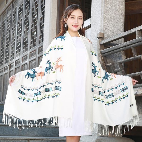 

scarves white embroidery flower deer shawl women warm autumn winter fashion female large tassel scarf, Blue;gray
