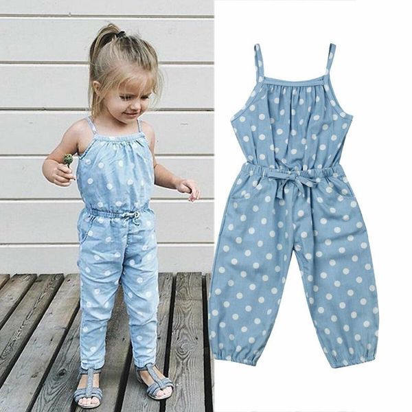 

jumpsuits 1-5y cute infants baby girl romper sleeveless blue wave point bib pants trousers summer denim clothes top