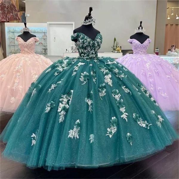 Türkis Quinceanera Kleider mit 3D -Blumenapplikationen von der Schulter Korsett Rückenboden mit ärmellosen Prom Formal Abend Ballkleid Vestidos 403