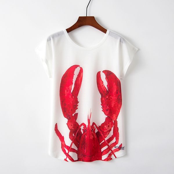 

fashion t shirt summer style lobster print short sleeve loose women's, White