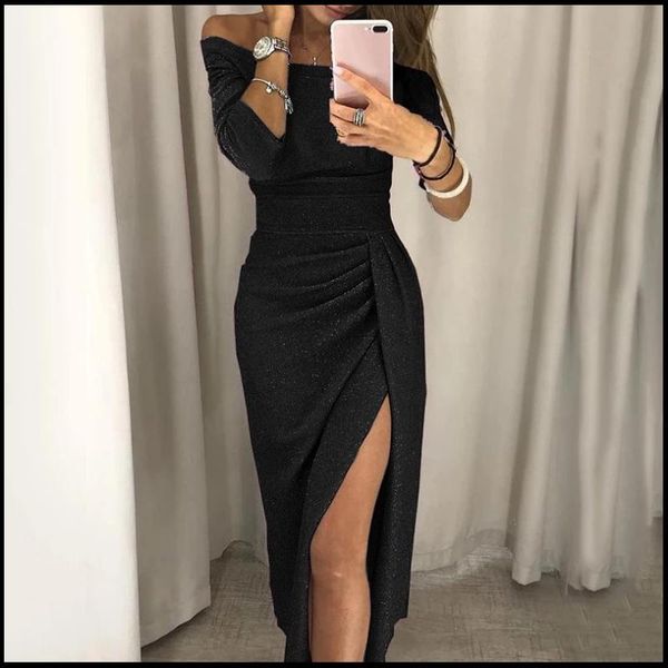 

casual dresses womens long skirt with collar and hip slits sparkling dinner party club dress formal wear -40, Black;gray
