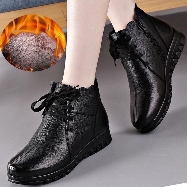 

boots oukahui 2021 autumn genuine leather black ankle for women lace-up flat low heel winter warm plush ladies short