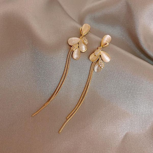 

dangle & chandelier temperament female simple rhinestones imitation opal leaves long chain tassel earrings fashion women girl jewelry access, Silver