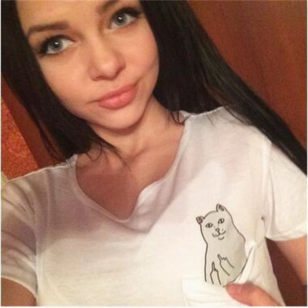 

brand t shirt polos summer tide br middle finger pocket cat couple versatile harajuku large men's women's short sl, White