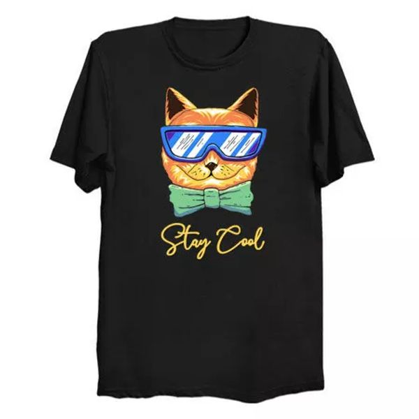 

stay cool cat animal kitty pet lover gentlemen awesome happy funny black tshirt, White;black