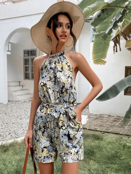 

tie back self belted floral print halter romper p03n#, White