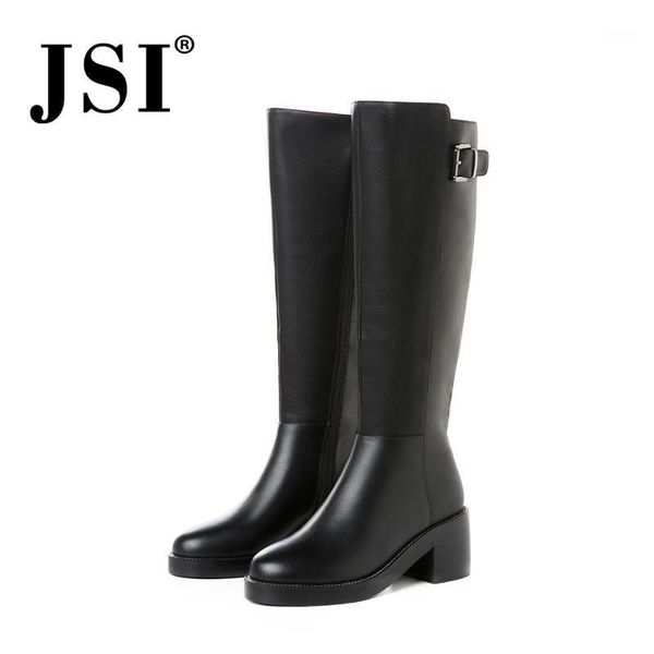 

boots jsi winter women round toe knee-high ladies shoes genuine leather solid high heels square heel zipper jo3181, Black