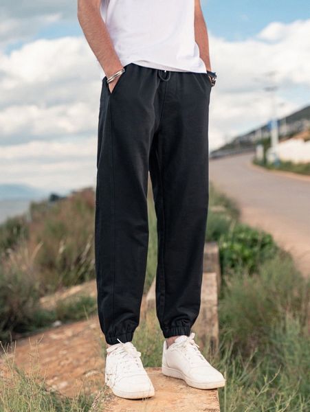 

men drawstring waist tapered pants p5bp#, Black