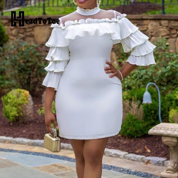 

casual dresses solid mesh ruffles frill hem elegant sweet woman dress three quarter sleeve ruffled above knee slim bodycon, Black;gray