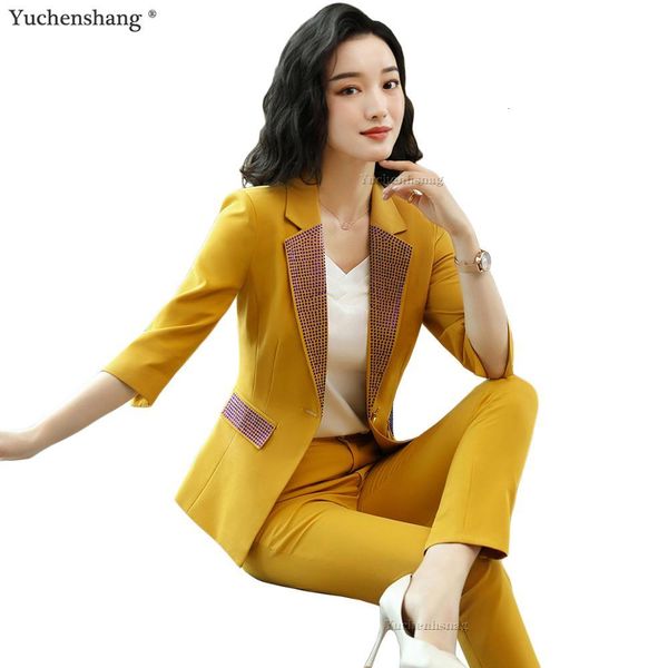 

women's suits & blazers yellow white black women pant suit spring summer half sleeve two piece set for lady size s-4xl blazer jacket wi