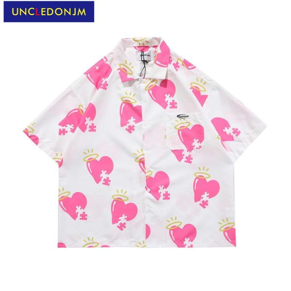 

pink heart designer shirts japanese streetwear men short sleeve shirt for 2021 oversized me-ly01-2 men's casual, White;black