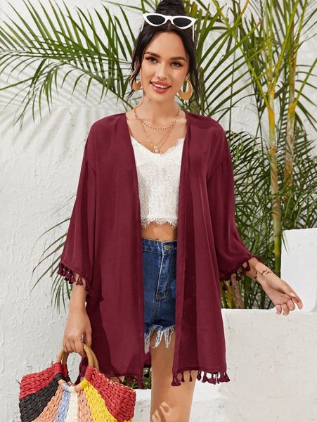

open front drop shoulder tassel hem kimono c6dq#, White;black
