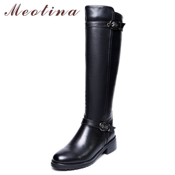 

women riding boots winter natural genuine leather buckle thick heels knee high zipper long shoes lady big size 43 210517, Black
