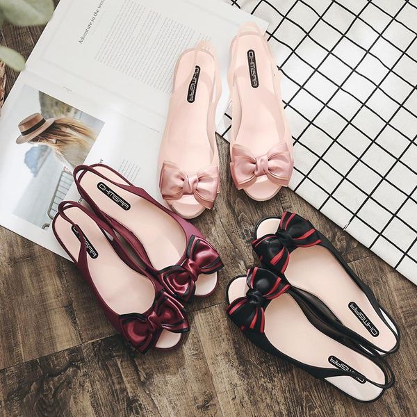 

women jelly shoes candy color open toe riband bow flat summer sandals back strap pvc beach female slippers y597, Black