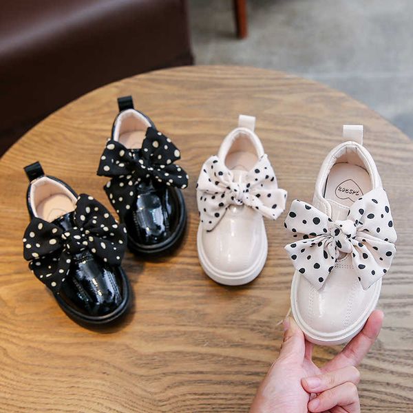 

british style girls leather shoes spring and autumn wave dot bow patent leather princess shoes children performance shoes 210713, Black