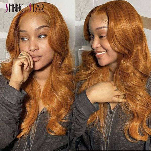 

26-inch transparent lace wig, ginger yellow body wavy human hair wig, women's color gold, brown hair remy, Black