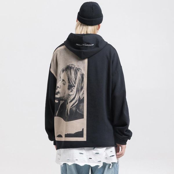 

men's hoodies & sweatshirts inschao asymmetric retro portrait printed hooded sweater gaojie guochao hip hop coat and hoodie, Black