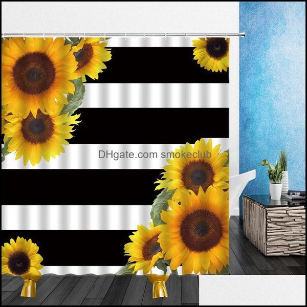 Tende da doccia Bagno Aessories Bagno Giardino di casa Cartoni animati Fiori Striscia Giallo Girasole Pianta 3D Tessuto in poliestere impermeabile Decor Wit