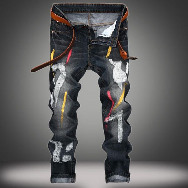 

men's jeans 2021 printed hole personality nostalgia slim ripped black men cotton straight leg cool for young, Blue