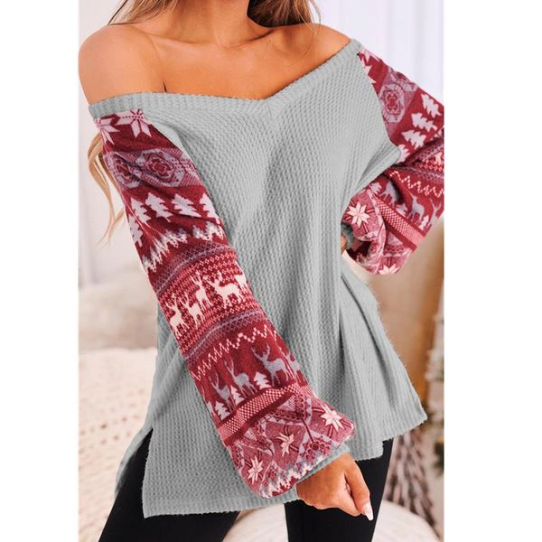 

women's sweaters women autumn winter 2021 christmas v-neck side split knit printed lantern sleeve sweater, White;black