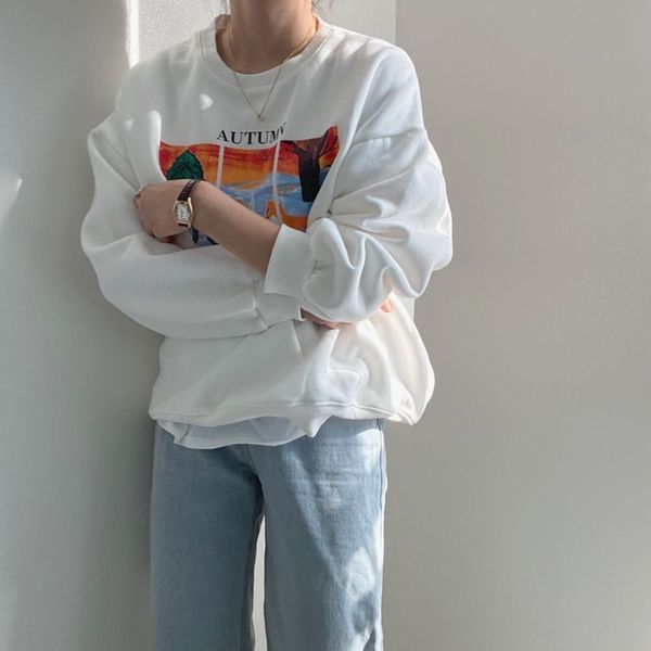 

all match loose korean warm o-neck plush sweatshirt women printed fashion casual thick sweatshirts outwear 210421, White