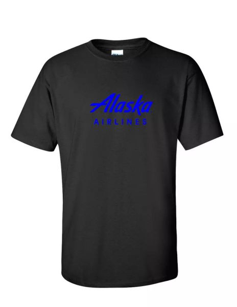 

alaska airlines blue retro logo us aviation black cotton t-shirt, White;black
