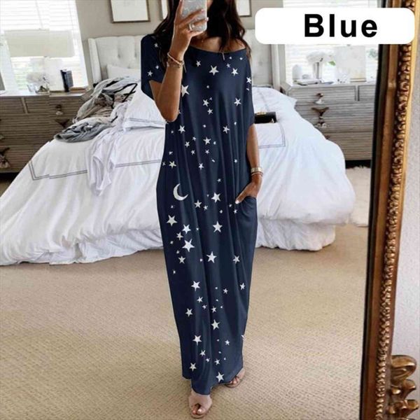 

comfort dress casual stars women sleepwear moon print loose sleep dresses off shoulder female homewear maxi vestidos, Black;red