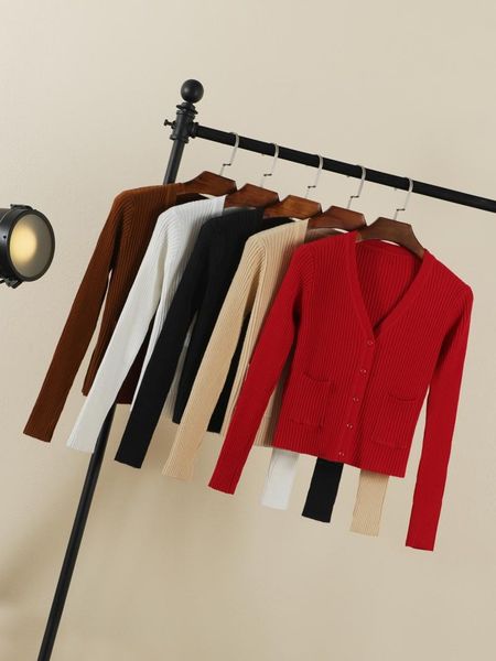 

women's knits & tees outside with chic early autumn sweater cardigan high waist short long sleeve spring and thin coat, White