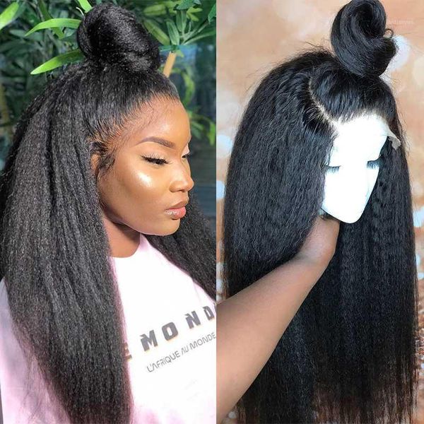 

kinky straight glueless full lace human hair wigs 250 density yaki coarse blow out wig dolago virgin wigs1, Black;brown