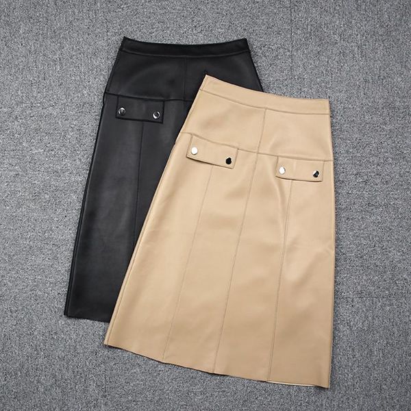 

skirts 2021 autumn style women casual long genuine leather skirt, Black